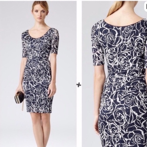 Reiss Dresses & Skirts - Reiss Cindy Bodycon Midi Dress Womens Size 4 Navy Abstract Retro Office Siren